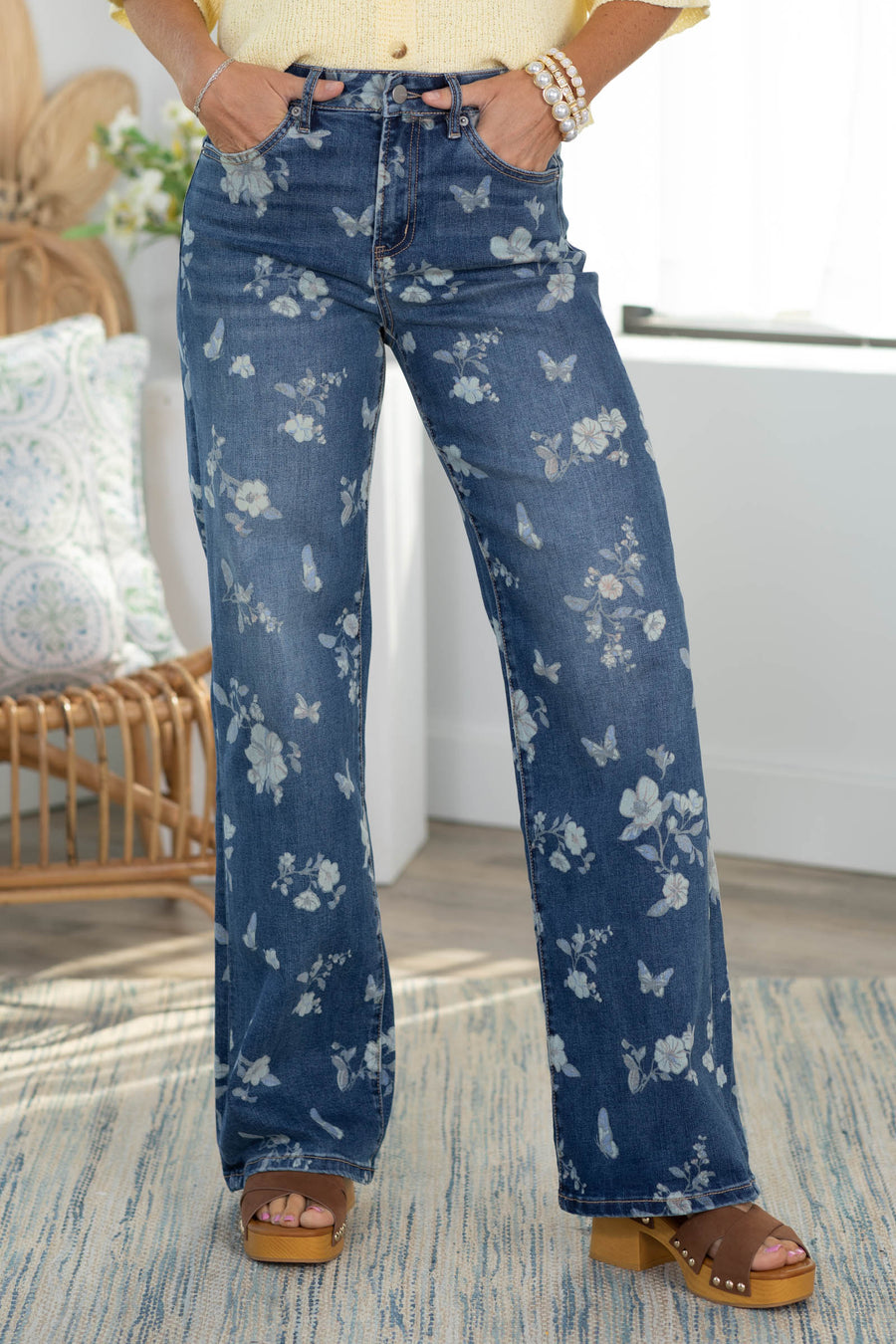 Mica Rich Blue Floral High Rise Wide Leg Jeans