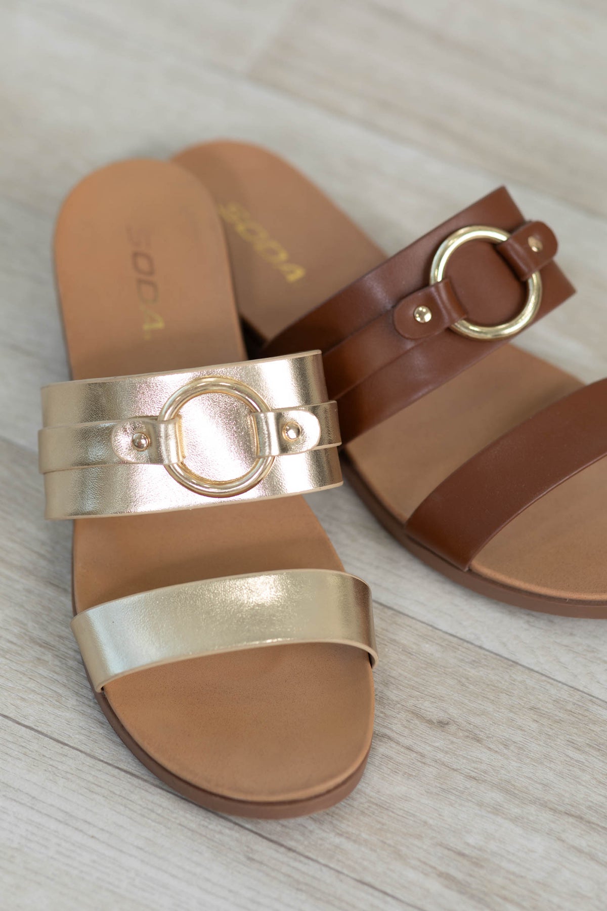 Casual Two Strap Sandals With Gold Circle