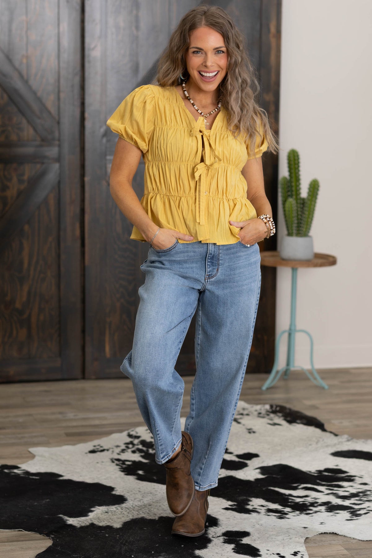 Mustard Front Tie Elastic Detail Blouse