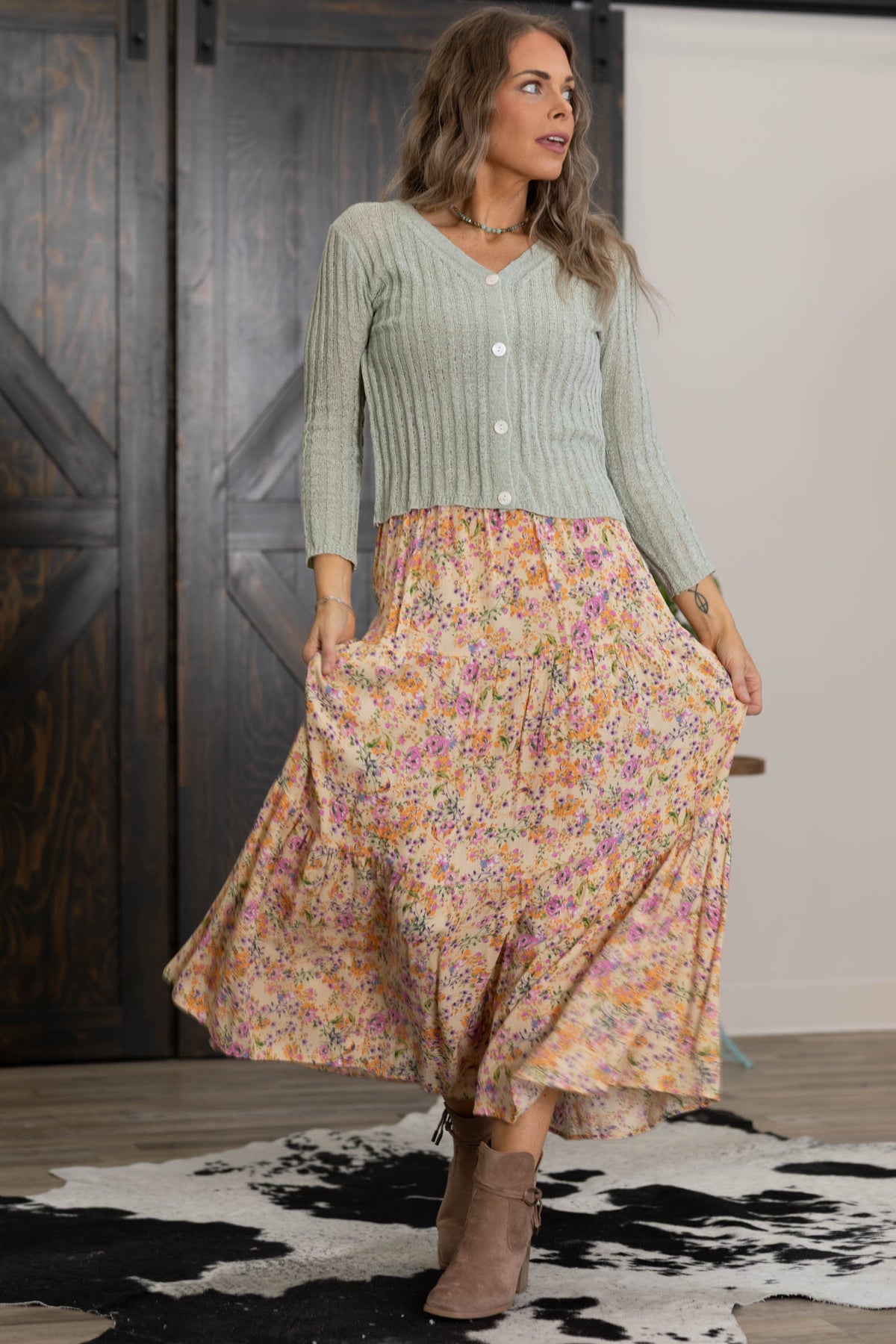 Cream Yellow Floral Elastic Waist Maxi Skirt