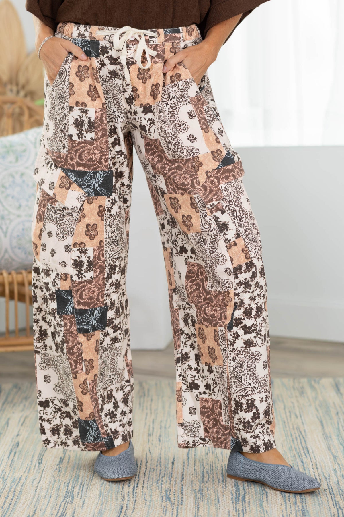 Cotierra Brown Multi Patchwork Barrel Leg Cargo Pant