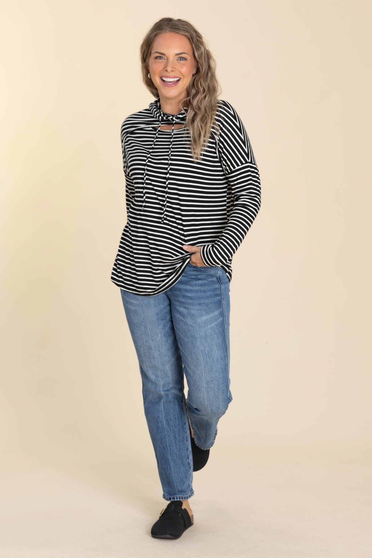 Striped Keyhole Knit Hoodie Tops