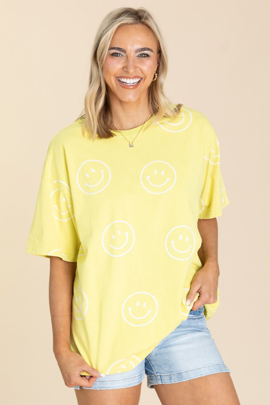 Yellow Smiley Face Printed Washed Knit Top