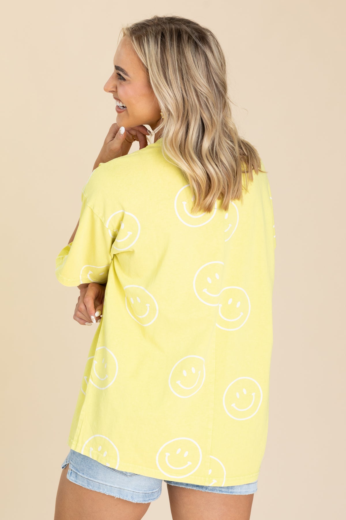 Yellow Smiley Face Printed Washed Knit Top