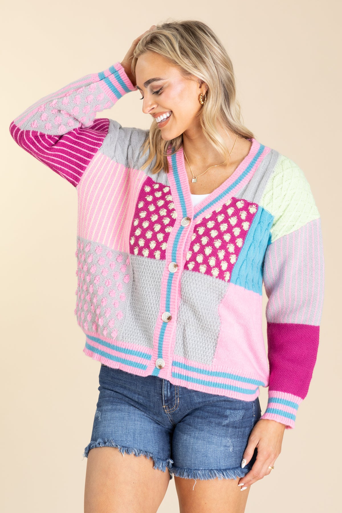Pink And Grey Colorblock Cardigan