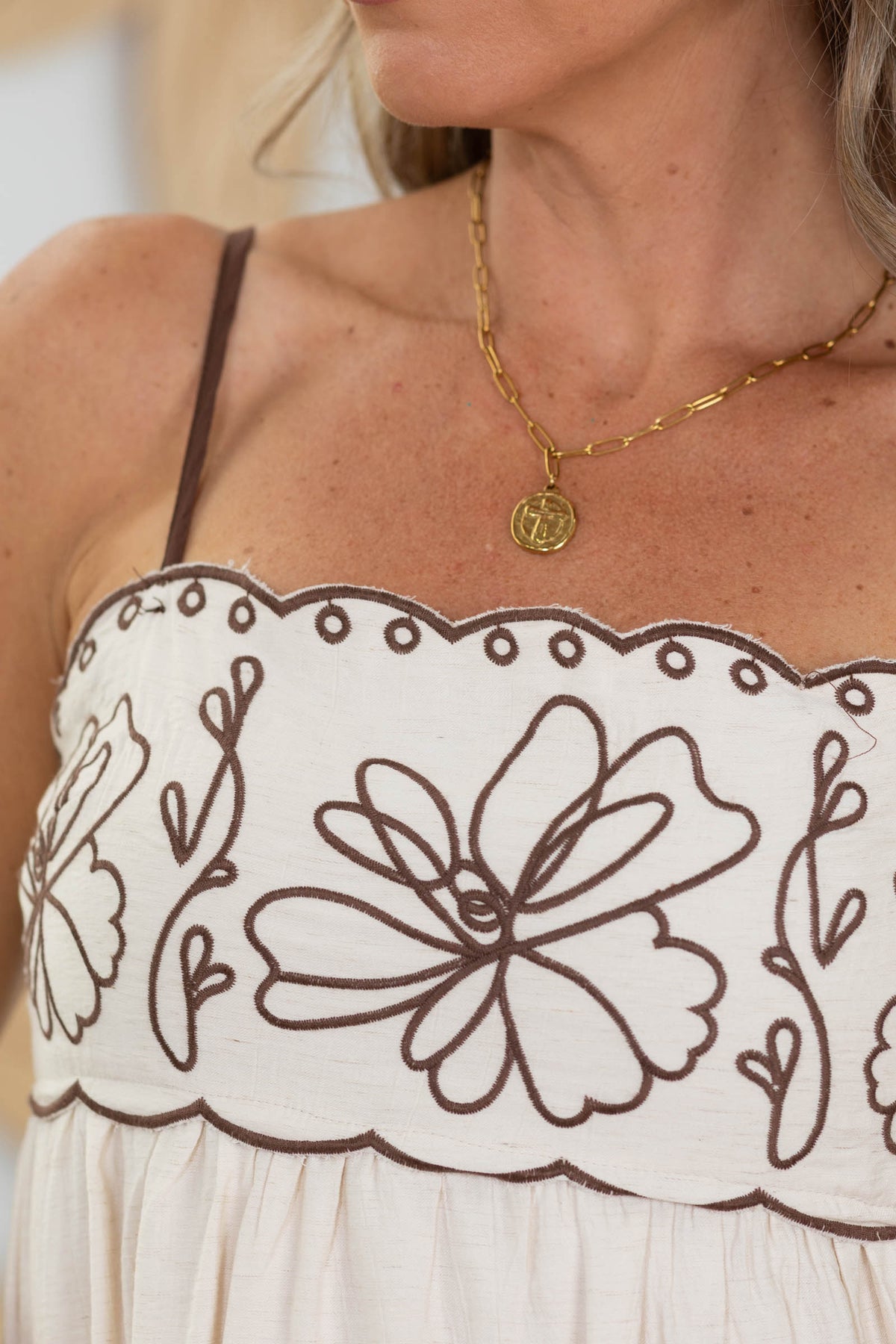 Cream With Brown Floral Embroidery Scalloped Midi Dress