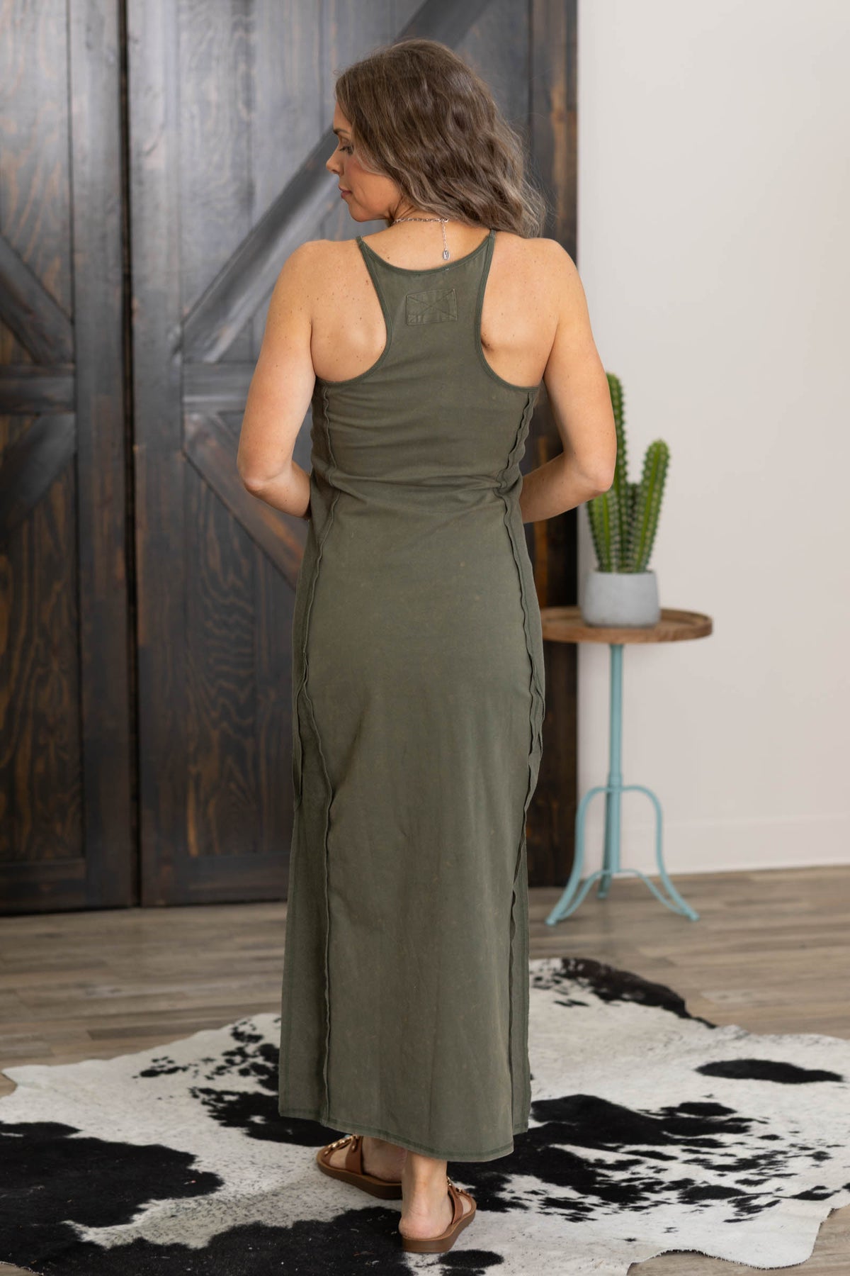 Olive Mineral Washed Contrast Side Maxi Dress