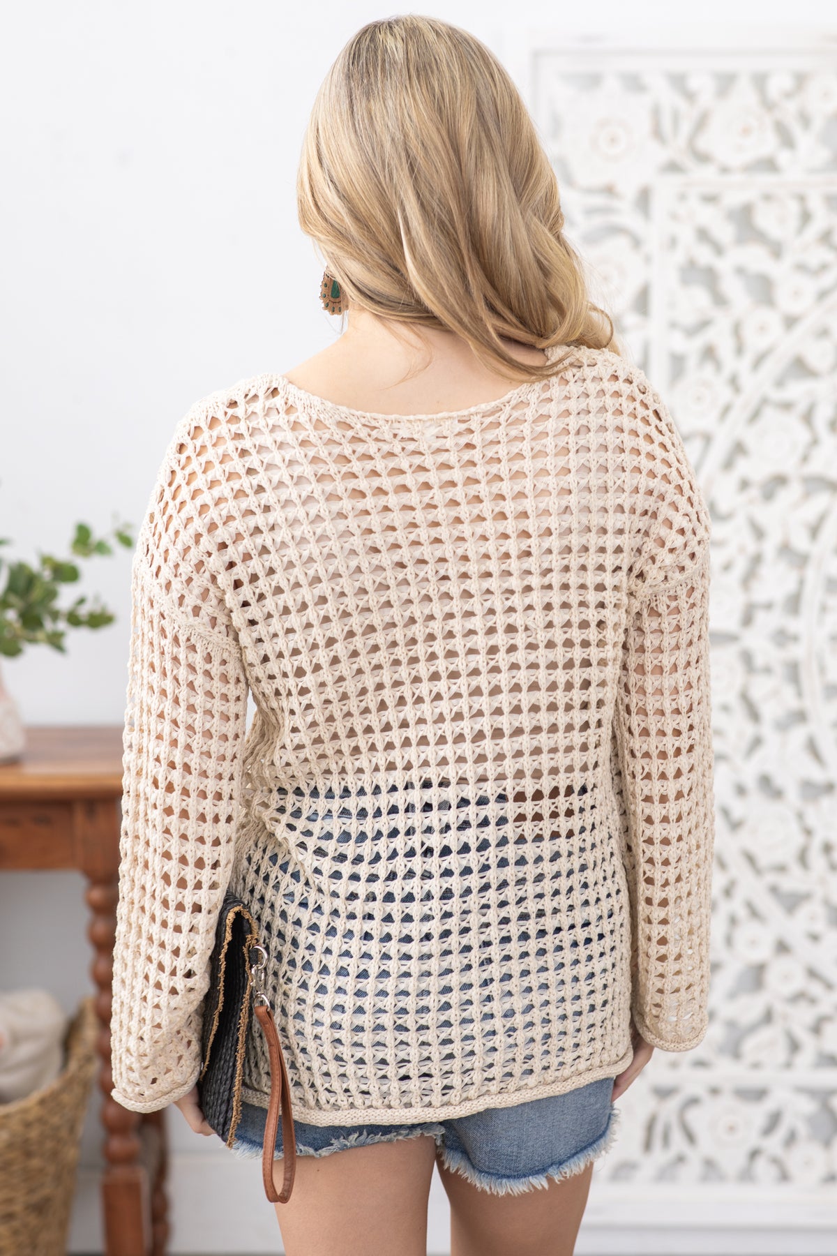 Beige Drop Shoulder Crochet Knit Top
