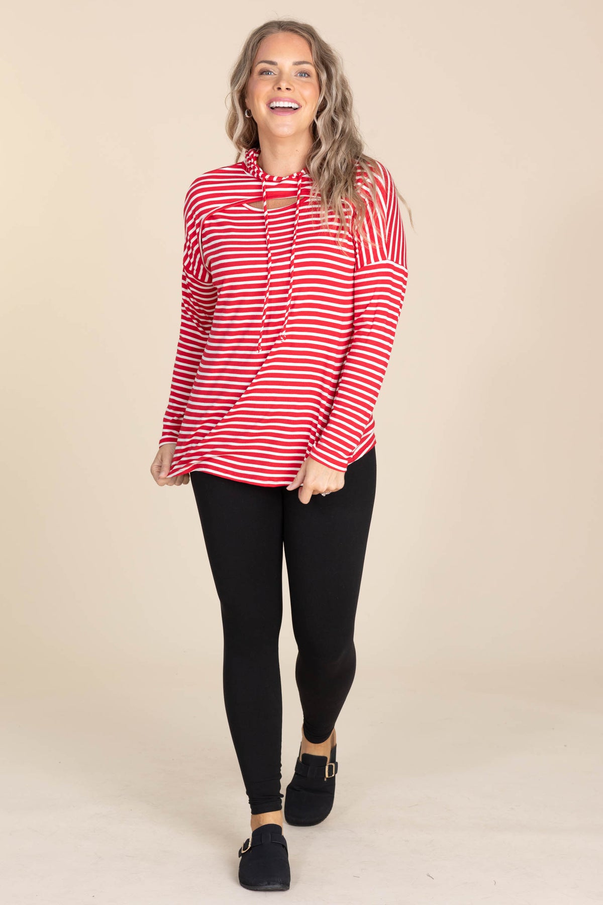 Striped Keyhole Knit Hoodie Tops