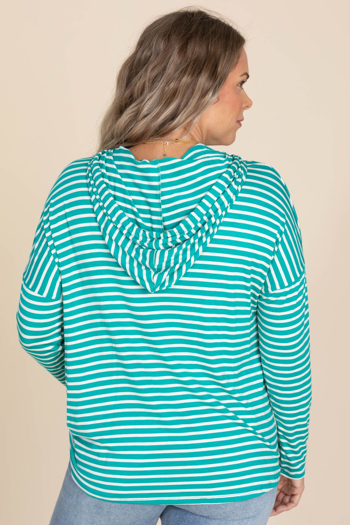 Striped Keyhole Knit Hoodie Tops