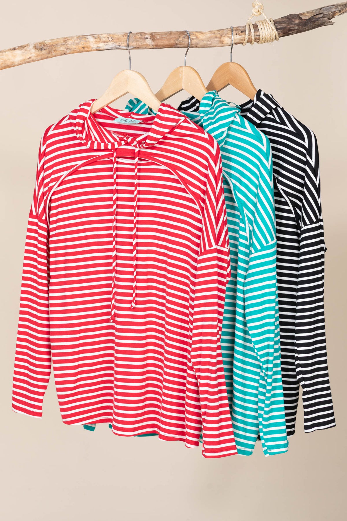 Striped Keyhole Knit Hoodie Tops