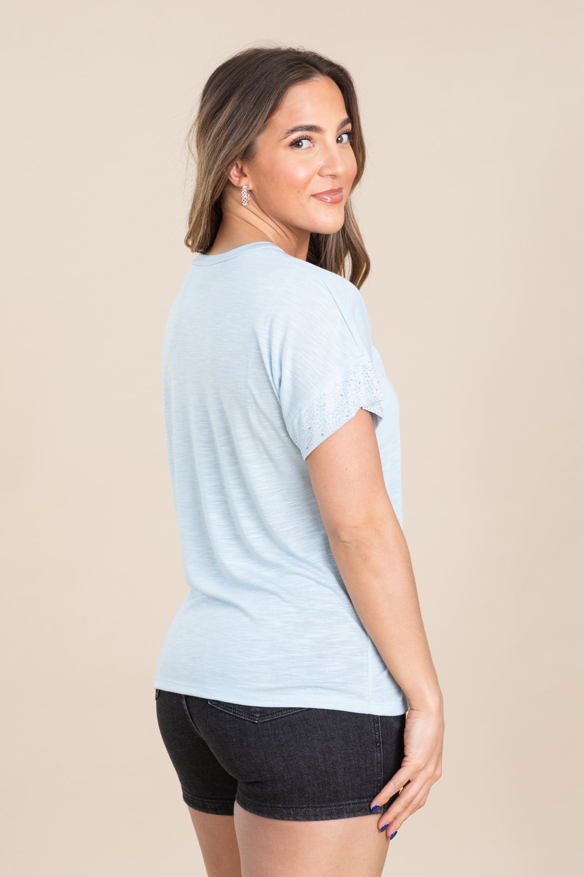 Baby Blue Sleeve Band Stoned Knit Top