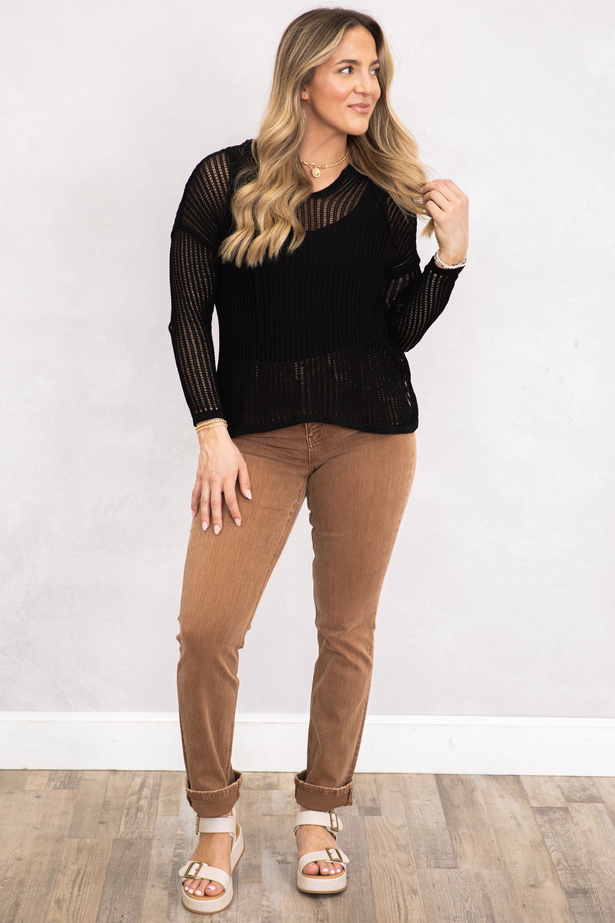 Black Lightweight Crochet Hoodie Tunic Top
