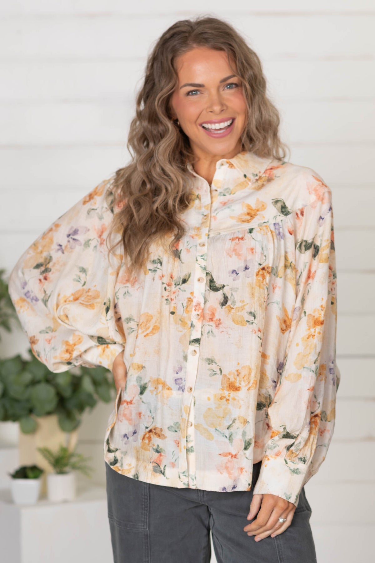 Ivory And Marigold Floral Button Down Blouse