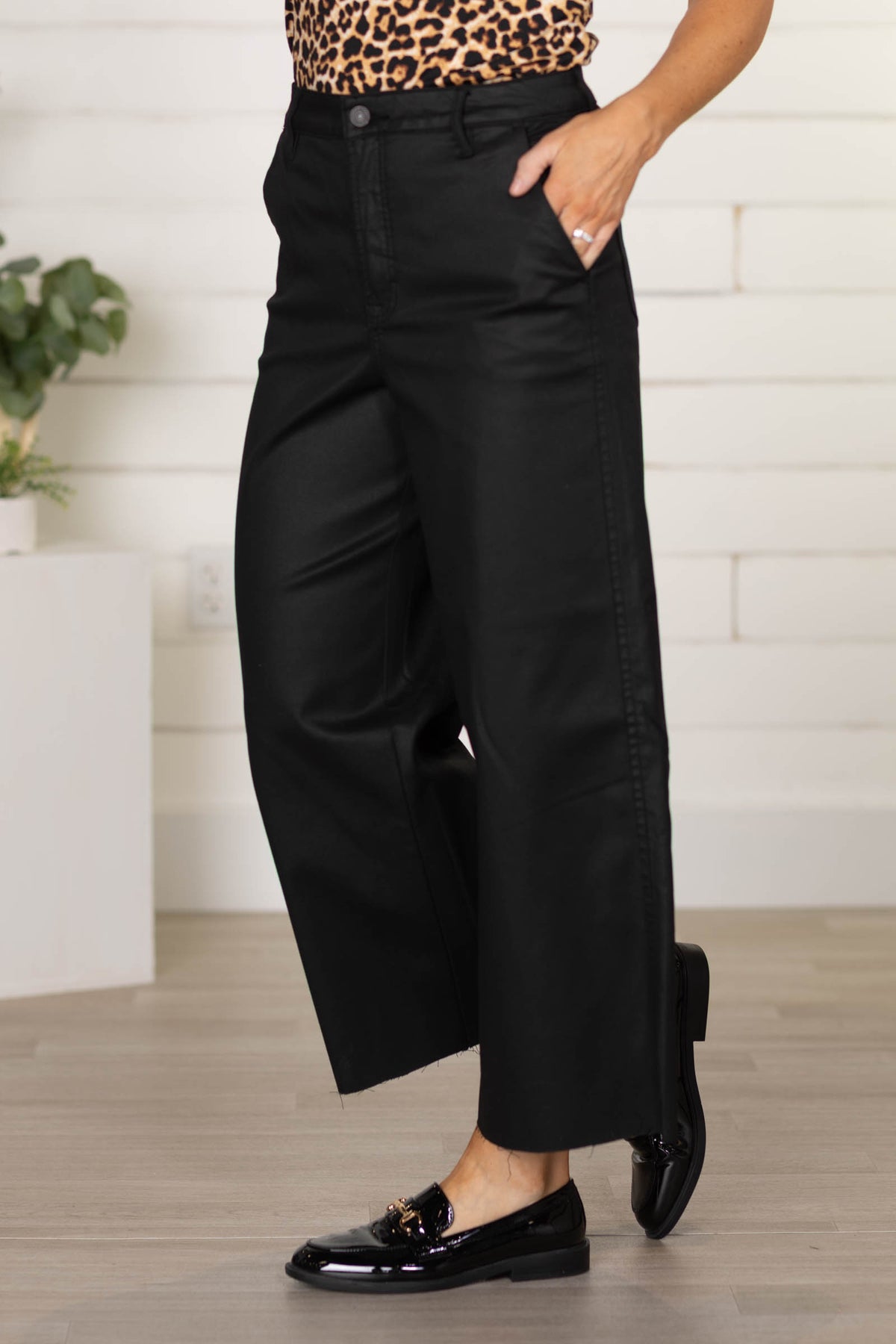 Hidden Black Coated Cropped Trouser Wide Leg Pants