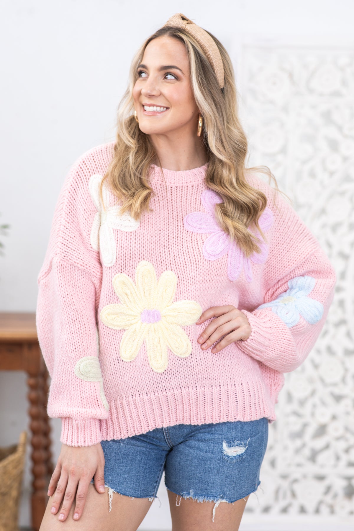 Baby Pink Floral Applique Sweater