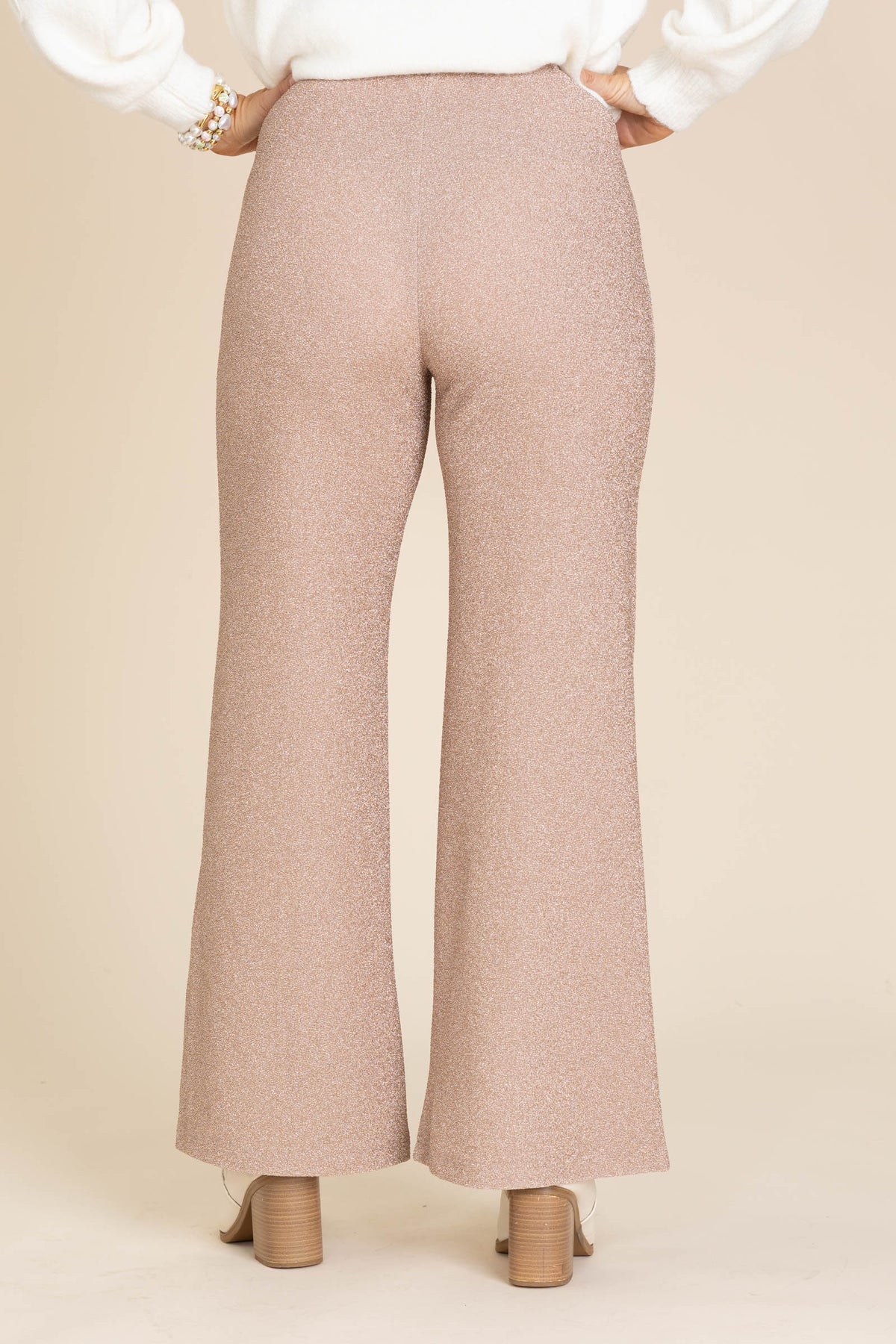 Rose Gold Lurex Knit Front Seam Wide Leg Pant