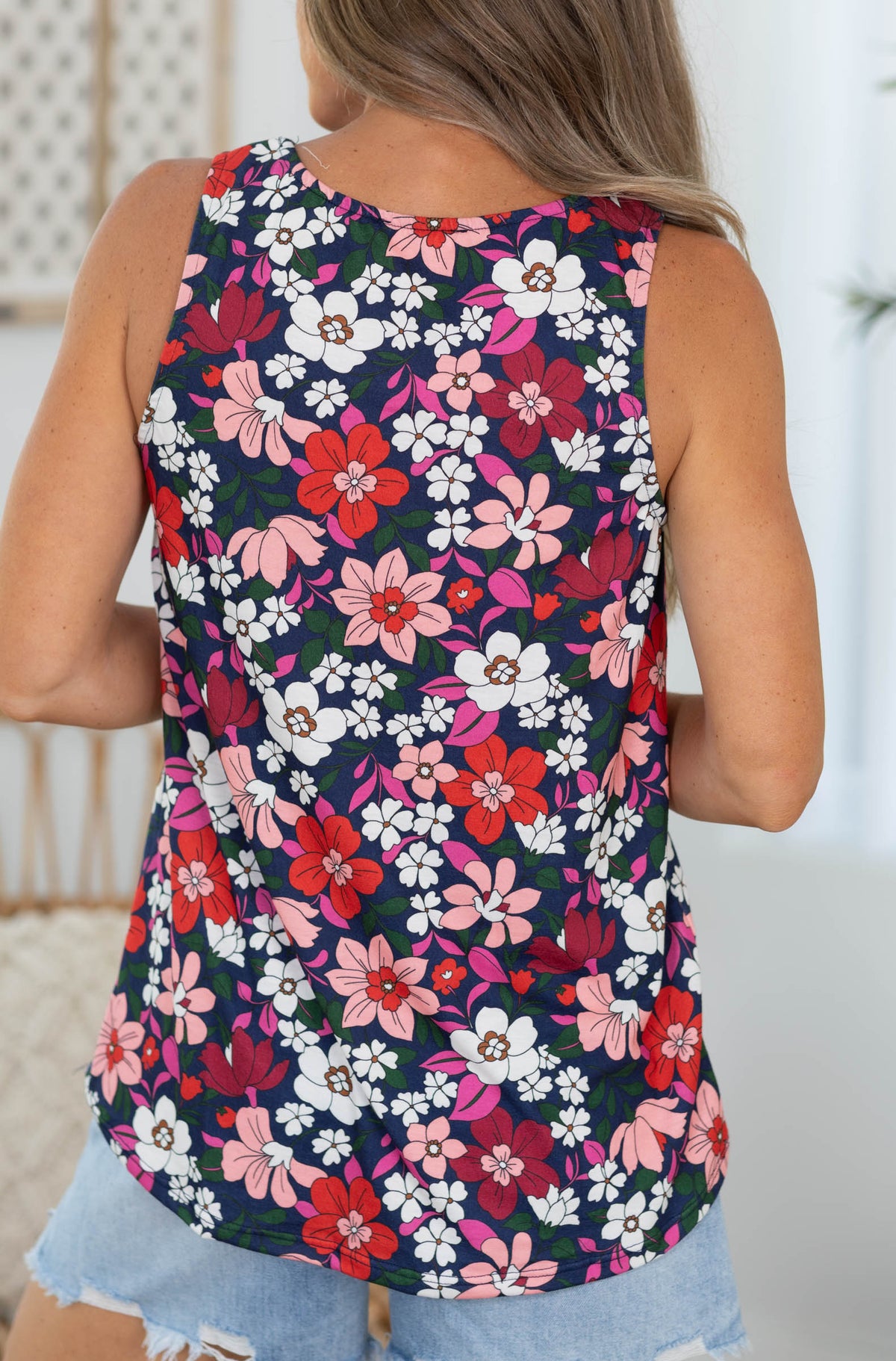 Navy Floral V-Neck Sleeveless Knit Top