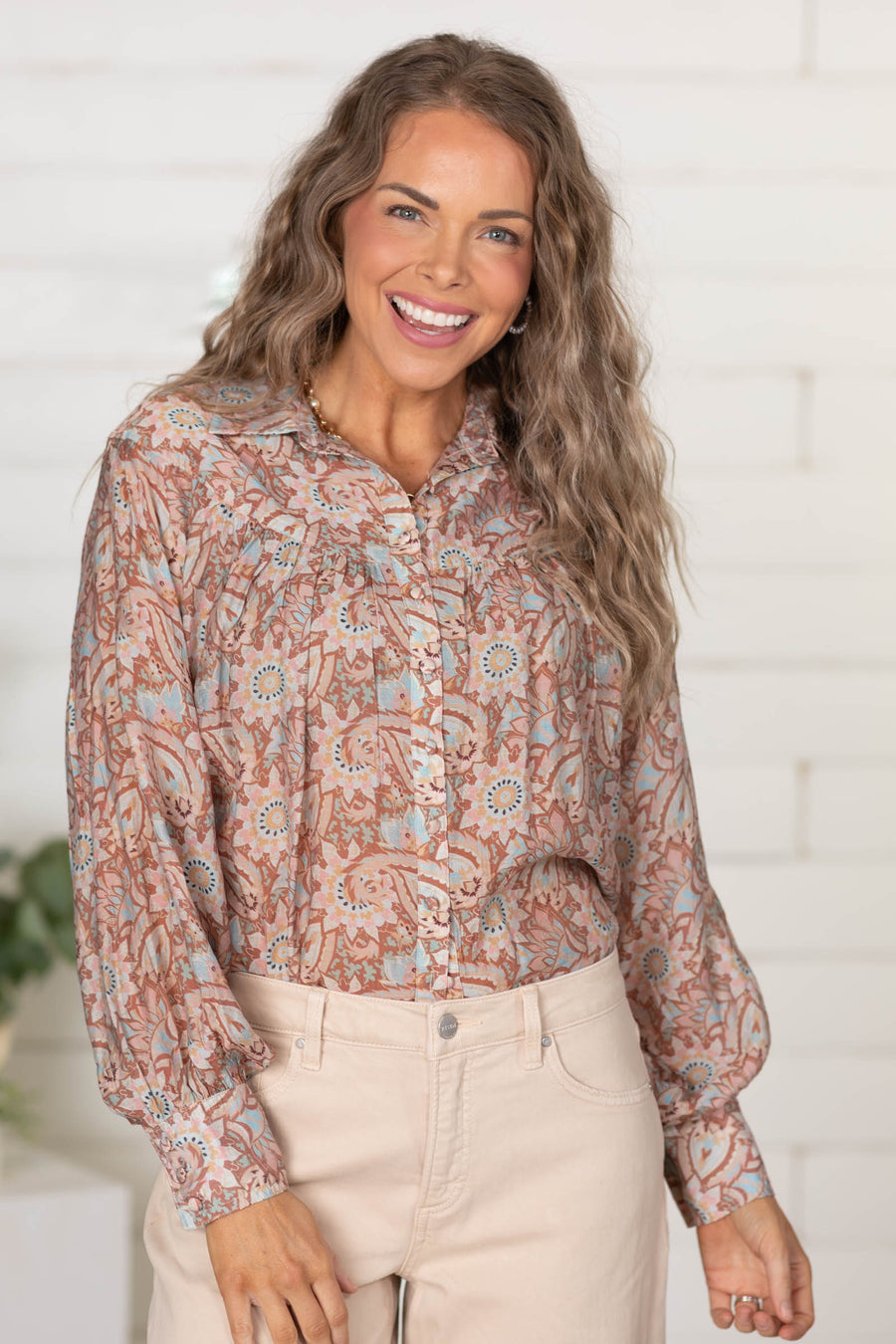 Tan Multicolor Paisley Print Woven Top