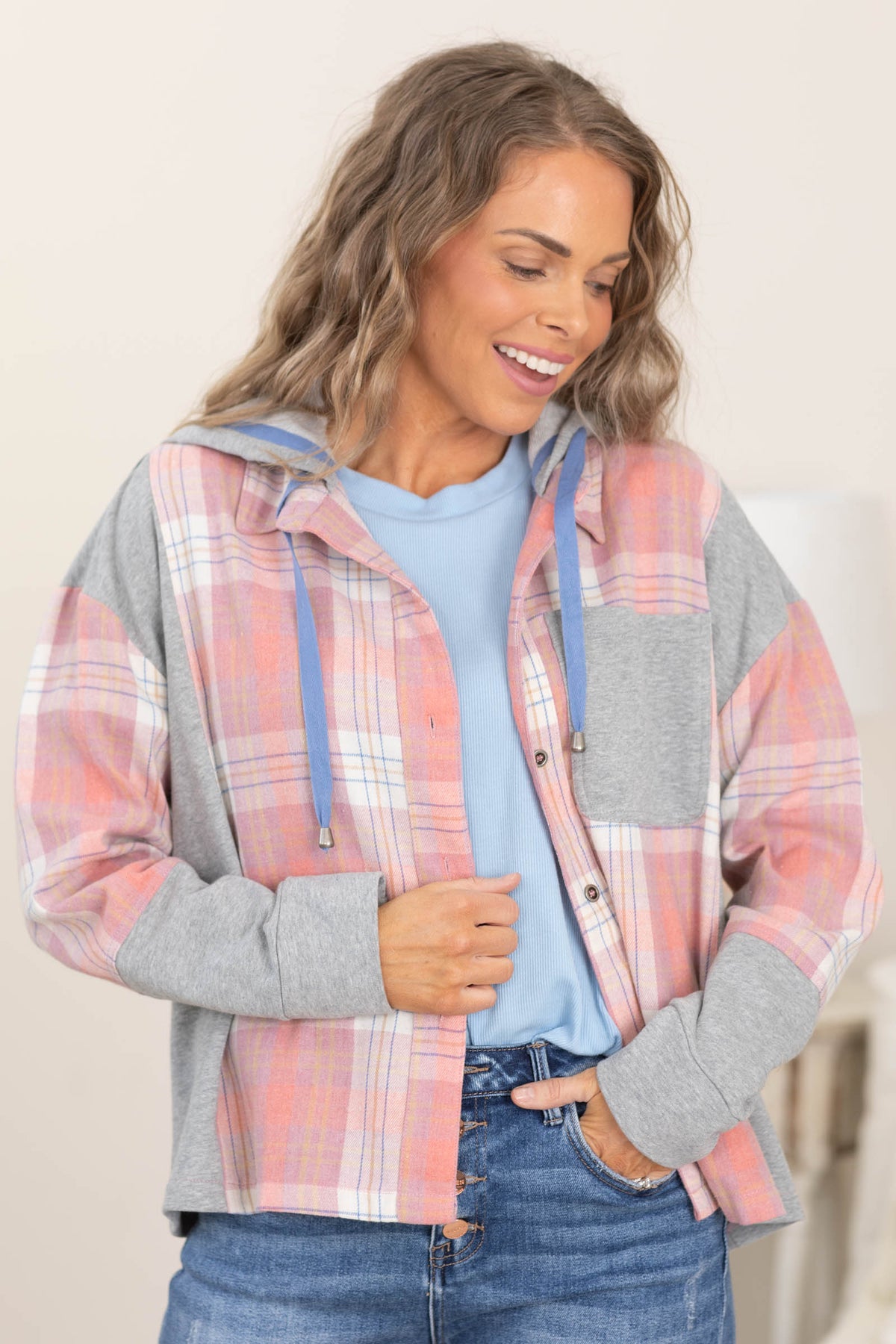 Pink Button Down Plaid Hoodie Shacket