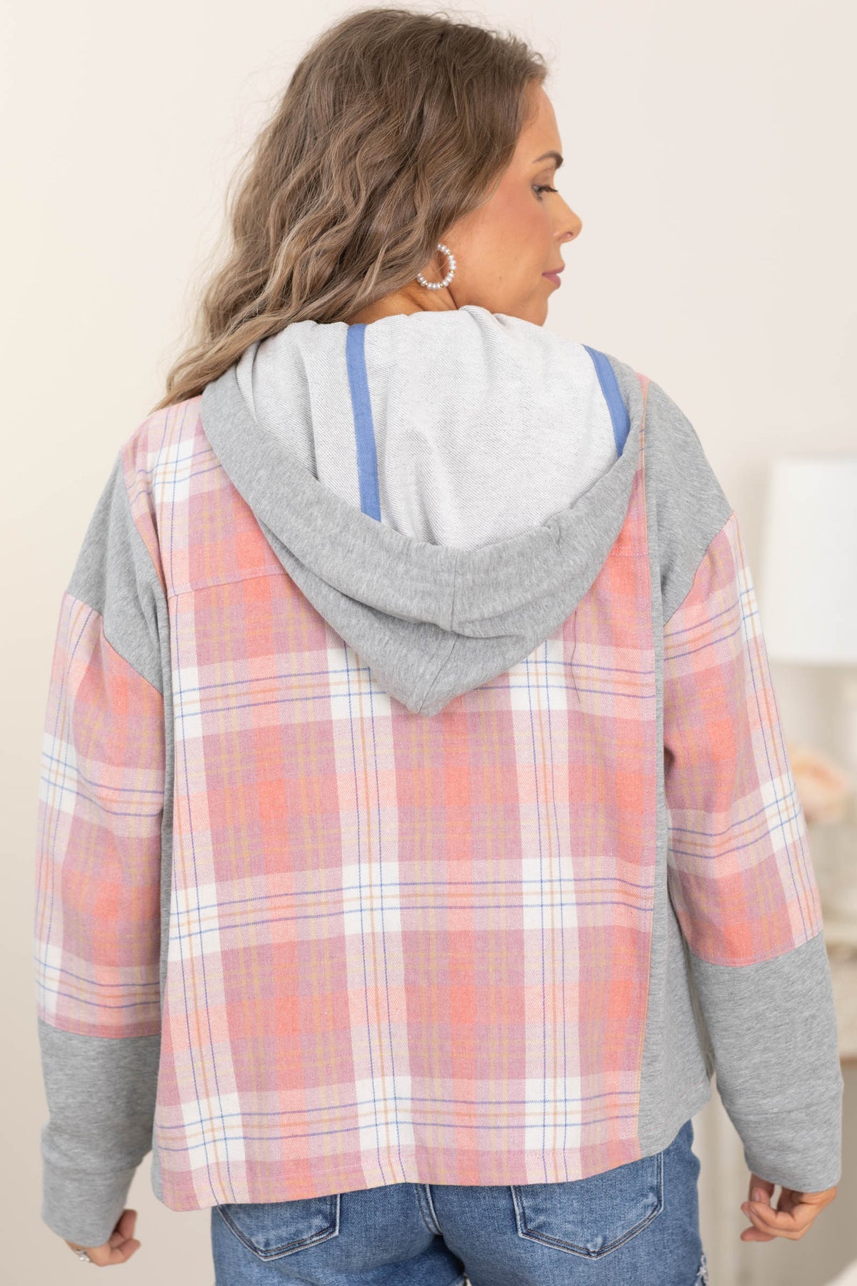 Pink Button Down Plaid Hoodie Shacket