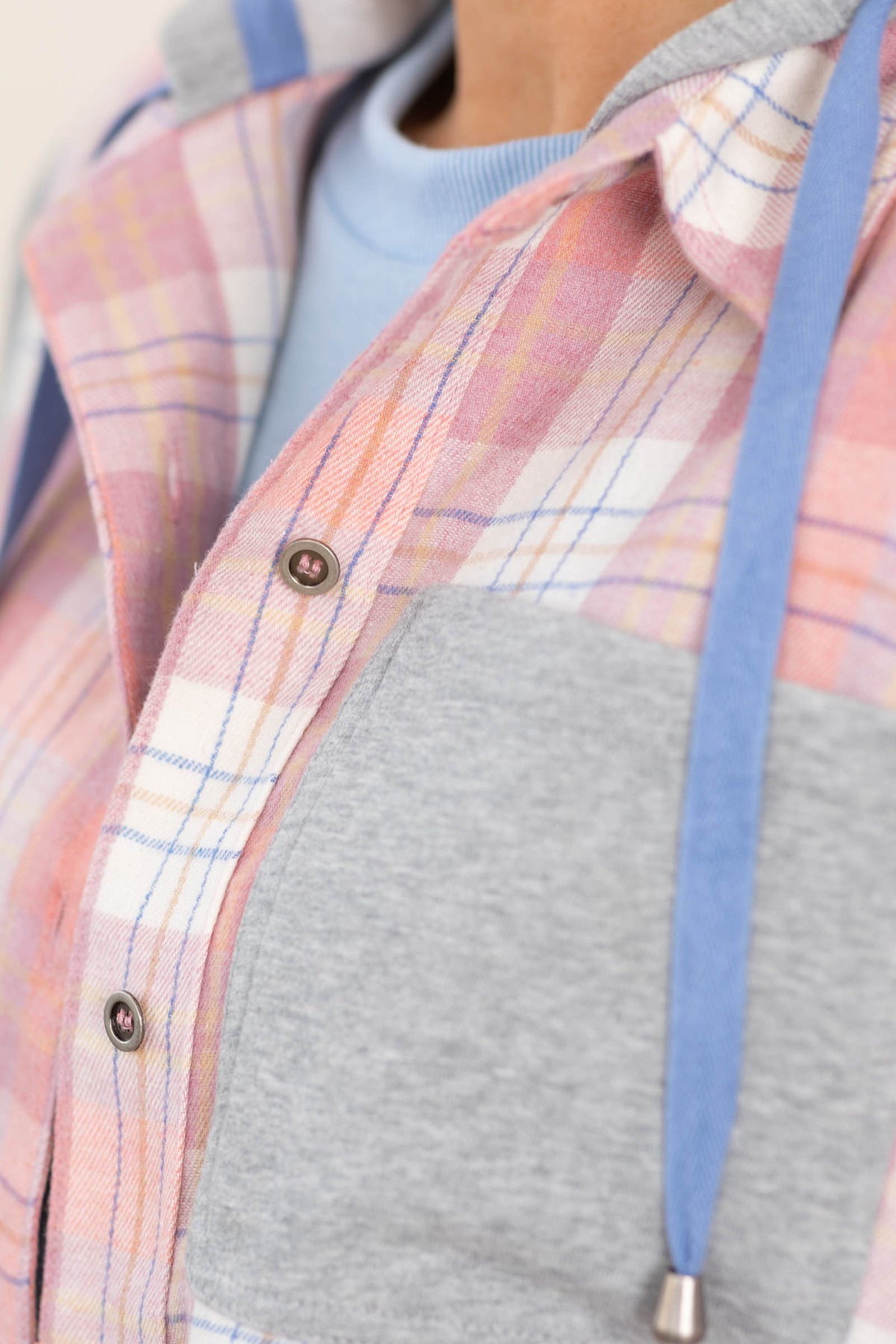 Pink Button Down Plaid Hoodie Shacket