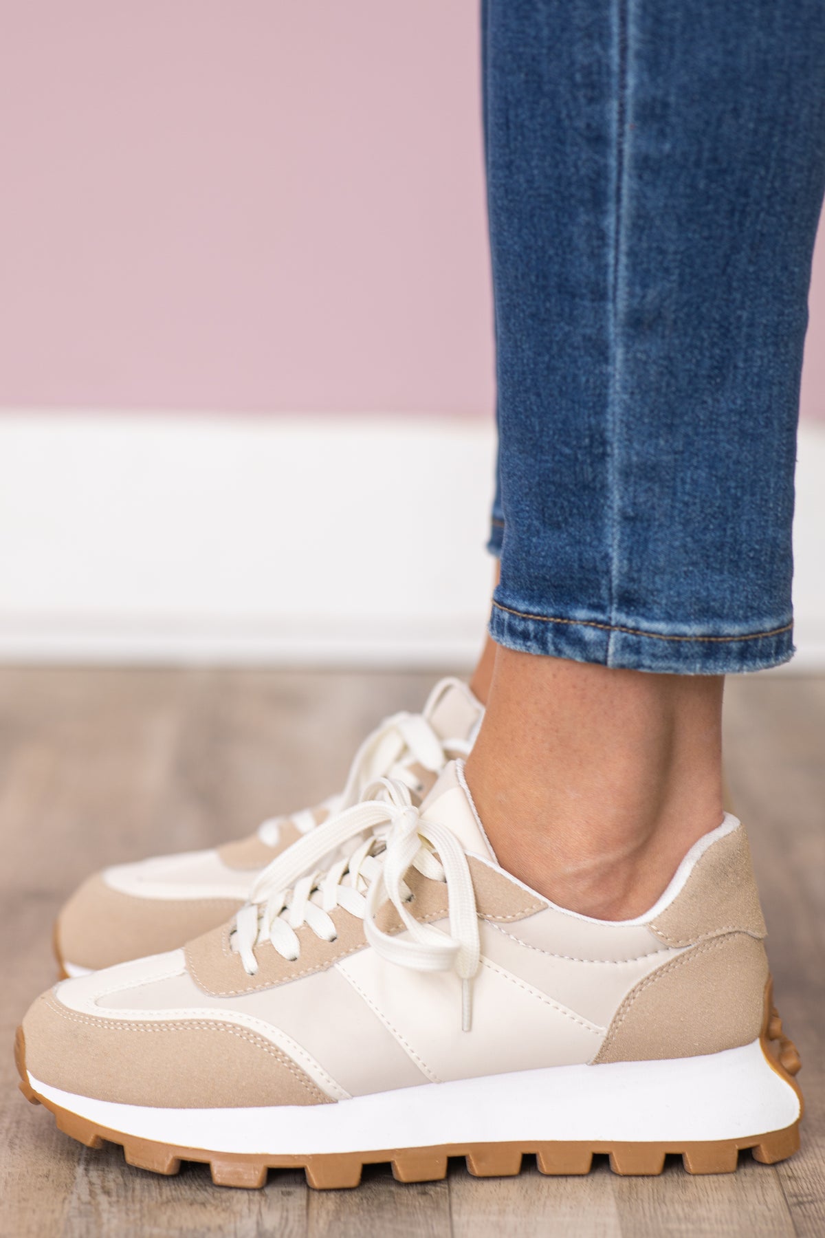 Beige With Tan Platform Sole Sneaker