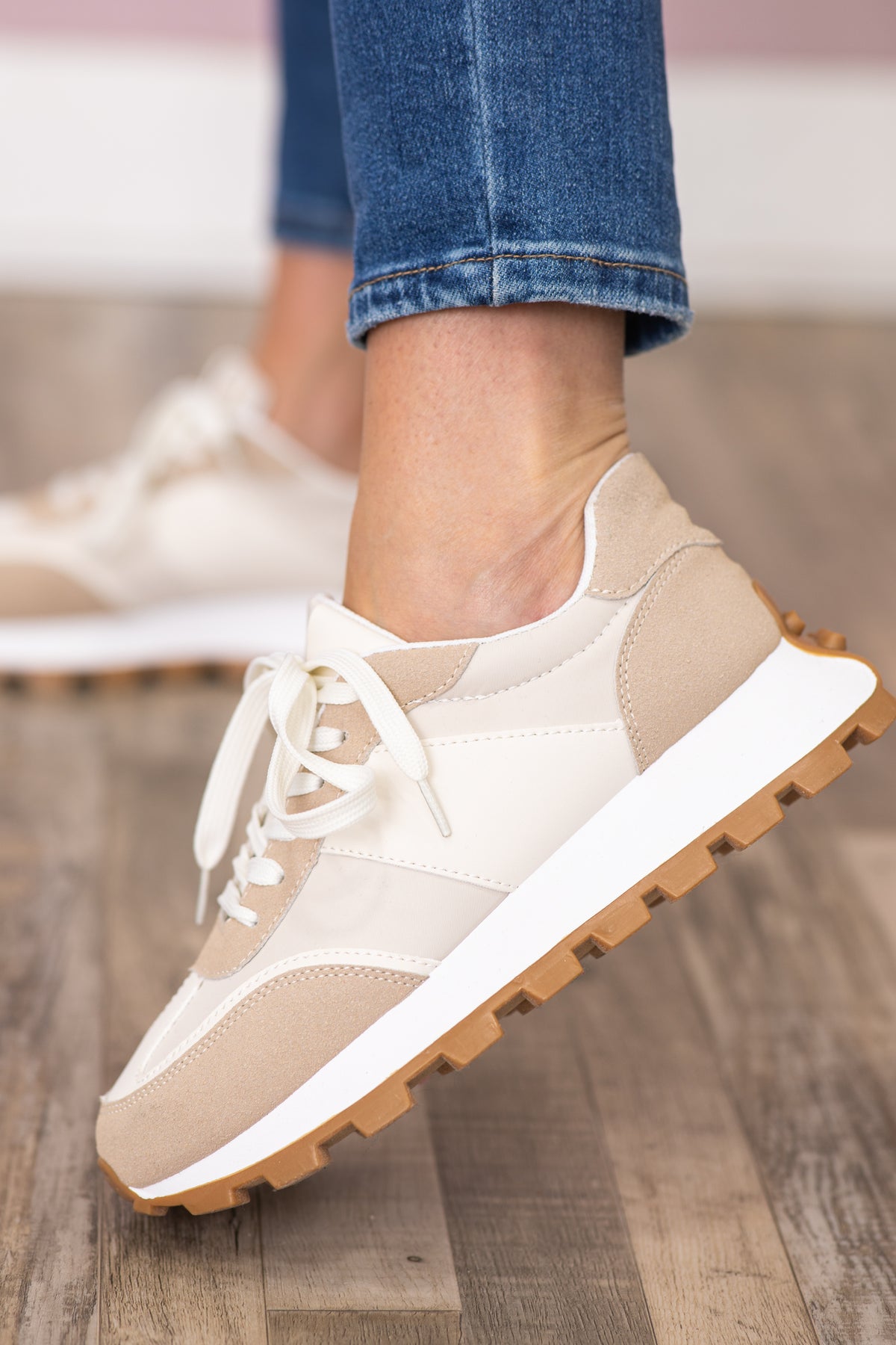 Beige With Tan Platform Sole Sneaker
