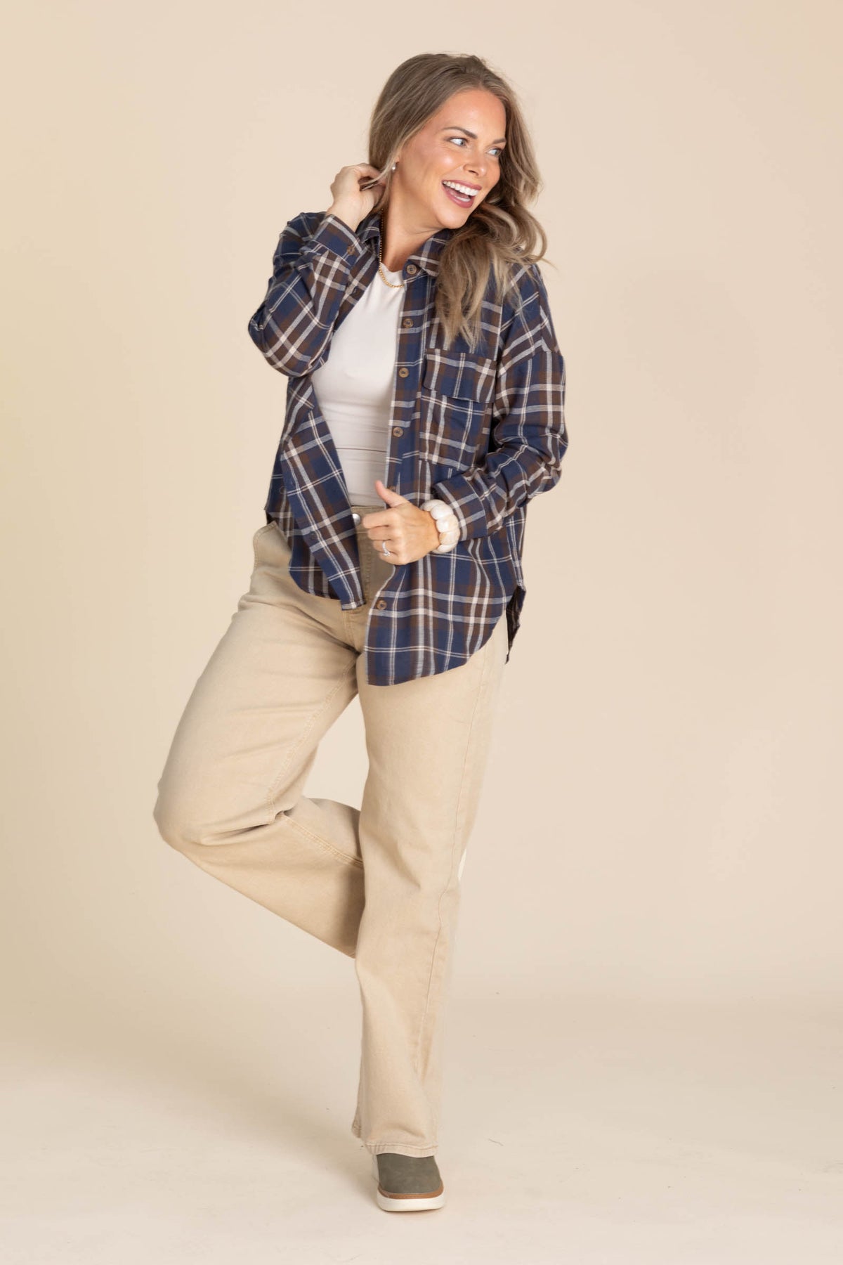 Plaid Button Down Tops With Pocket Detail Woven