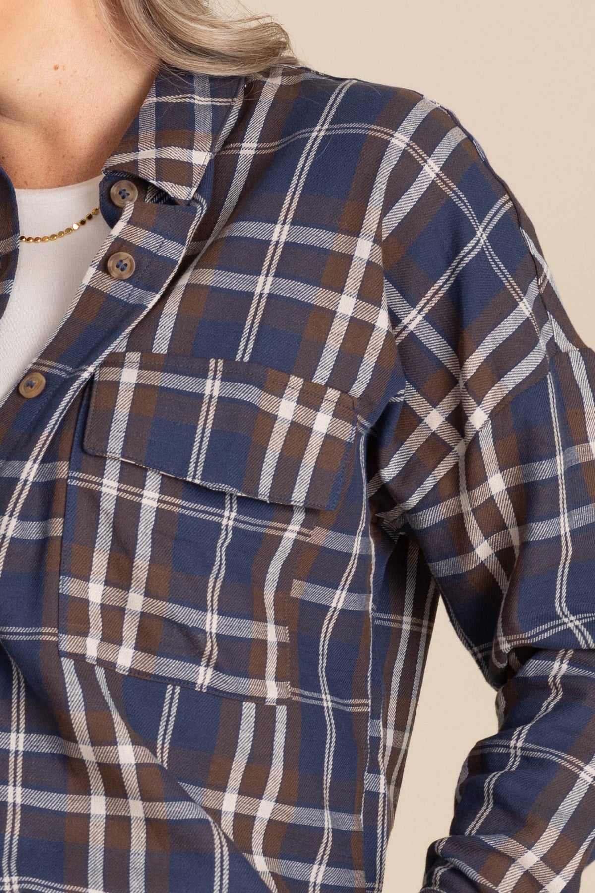 Plaid Button Down Tops With Pocket Detail Woven