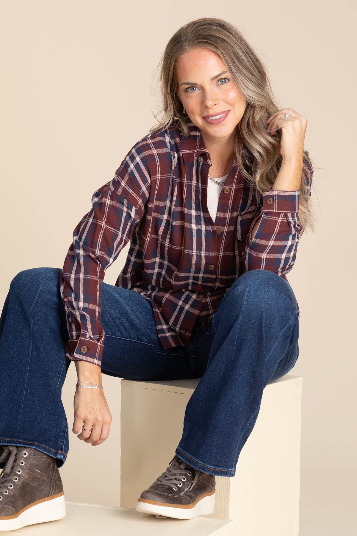 Plaid Button Down Tops With Pocket Detail Woven