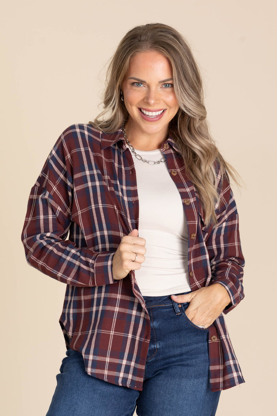 Plaid Button Down Tops With Pocket Detail Woven