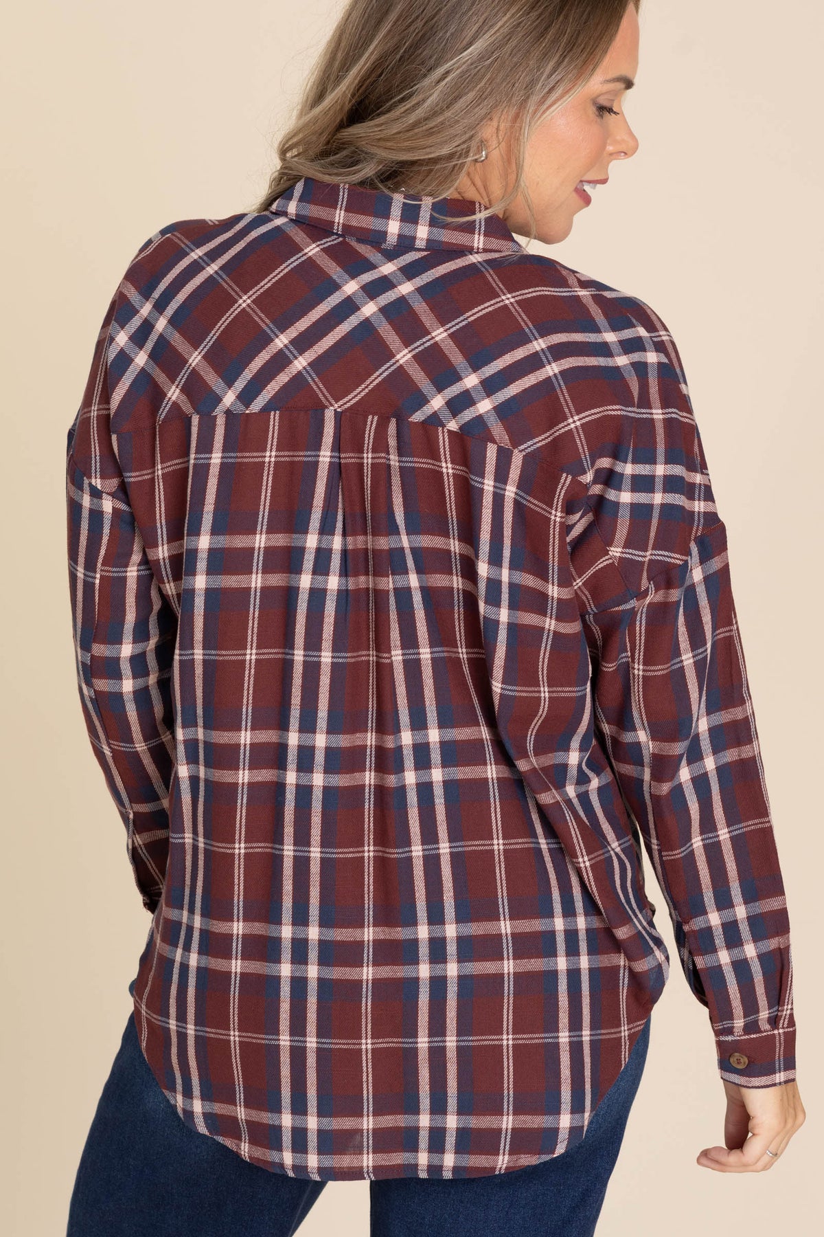 Plaid Button Down Tops With Pocket Detail Woven