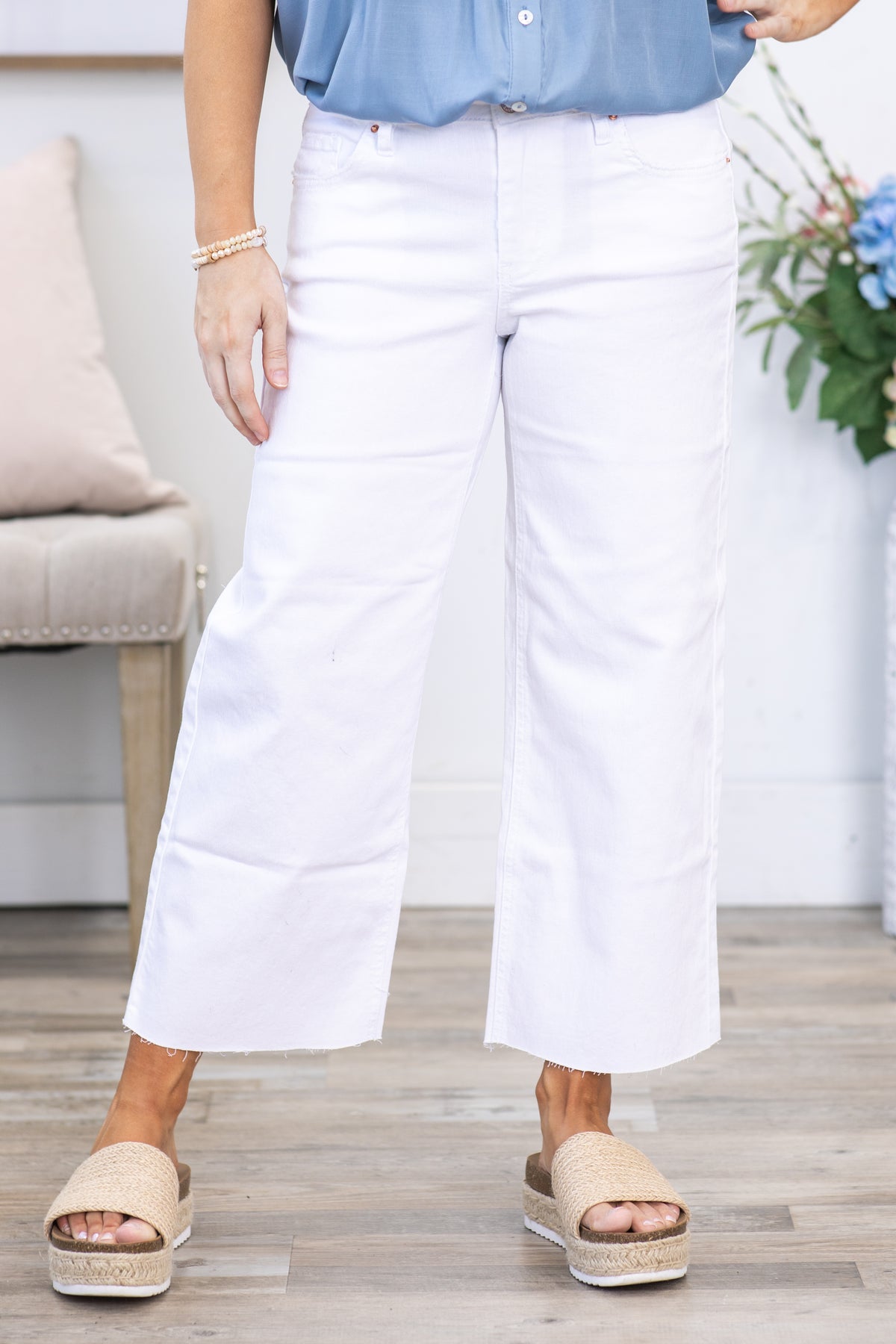 YMI White Mid Rise Cropped Wide Leg Jean