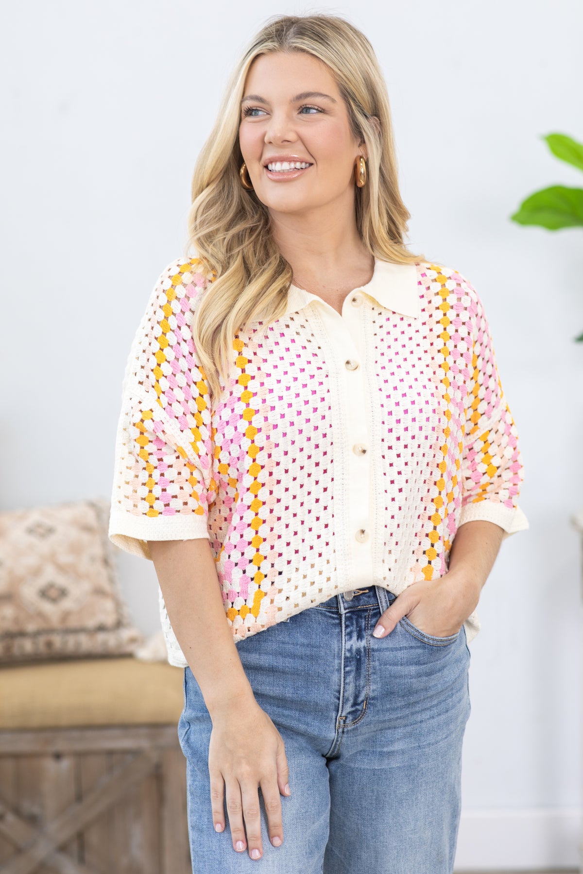 Cream Multicolor Crochet Knit Button Up Top
