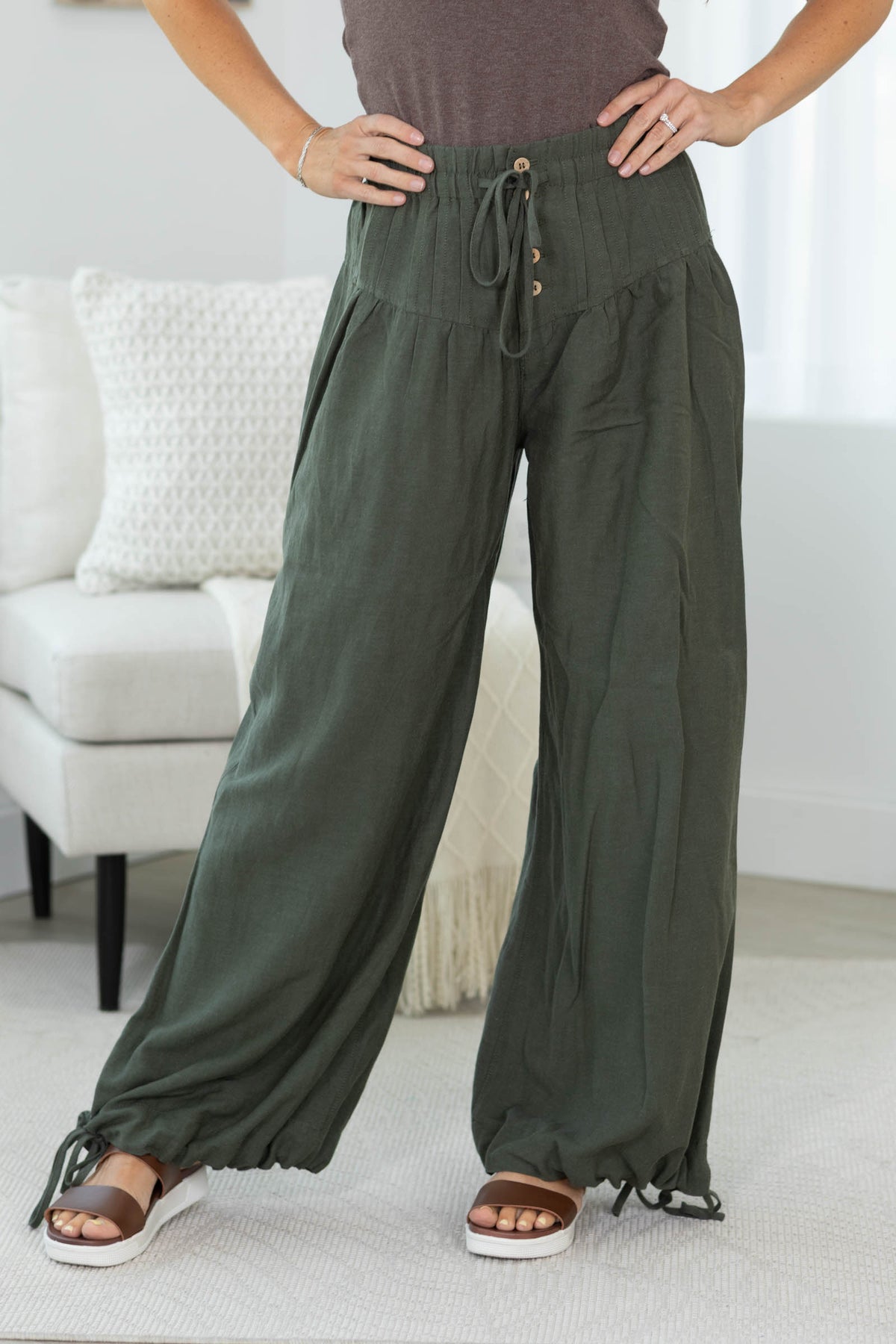 Cotierra Dark Olive Linen Blend Pleat Baggy Pants