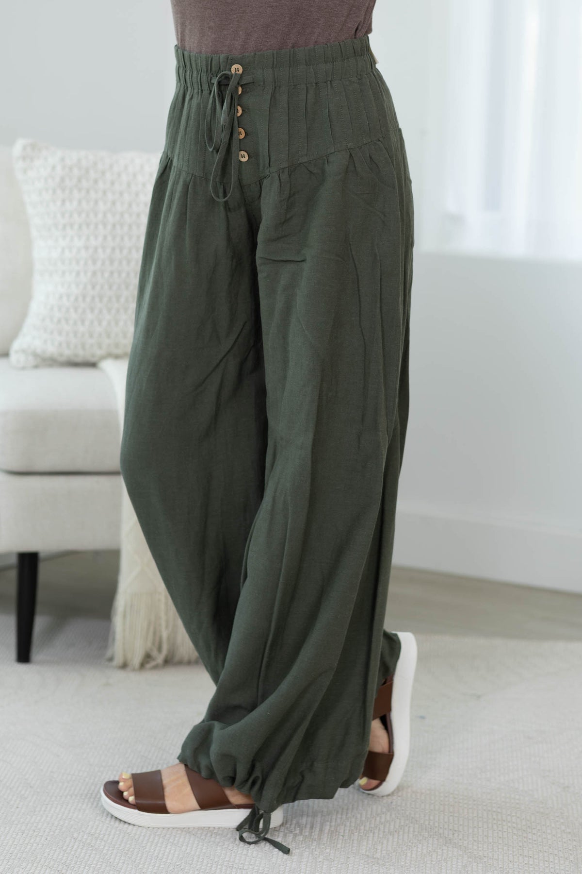 Cotierra Dark Olive Linen Blend Pleat Baggy Pants
