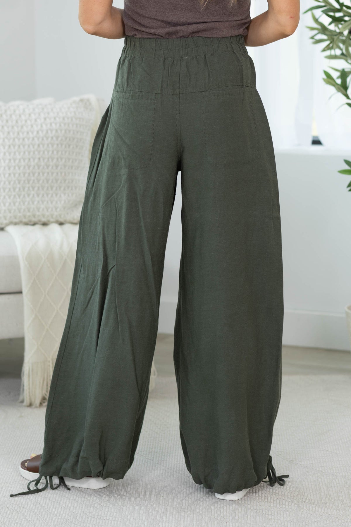 Cotierra Dark Olive Linen Blend Pleat Baggy Pants