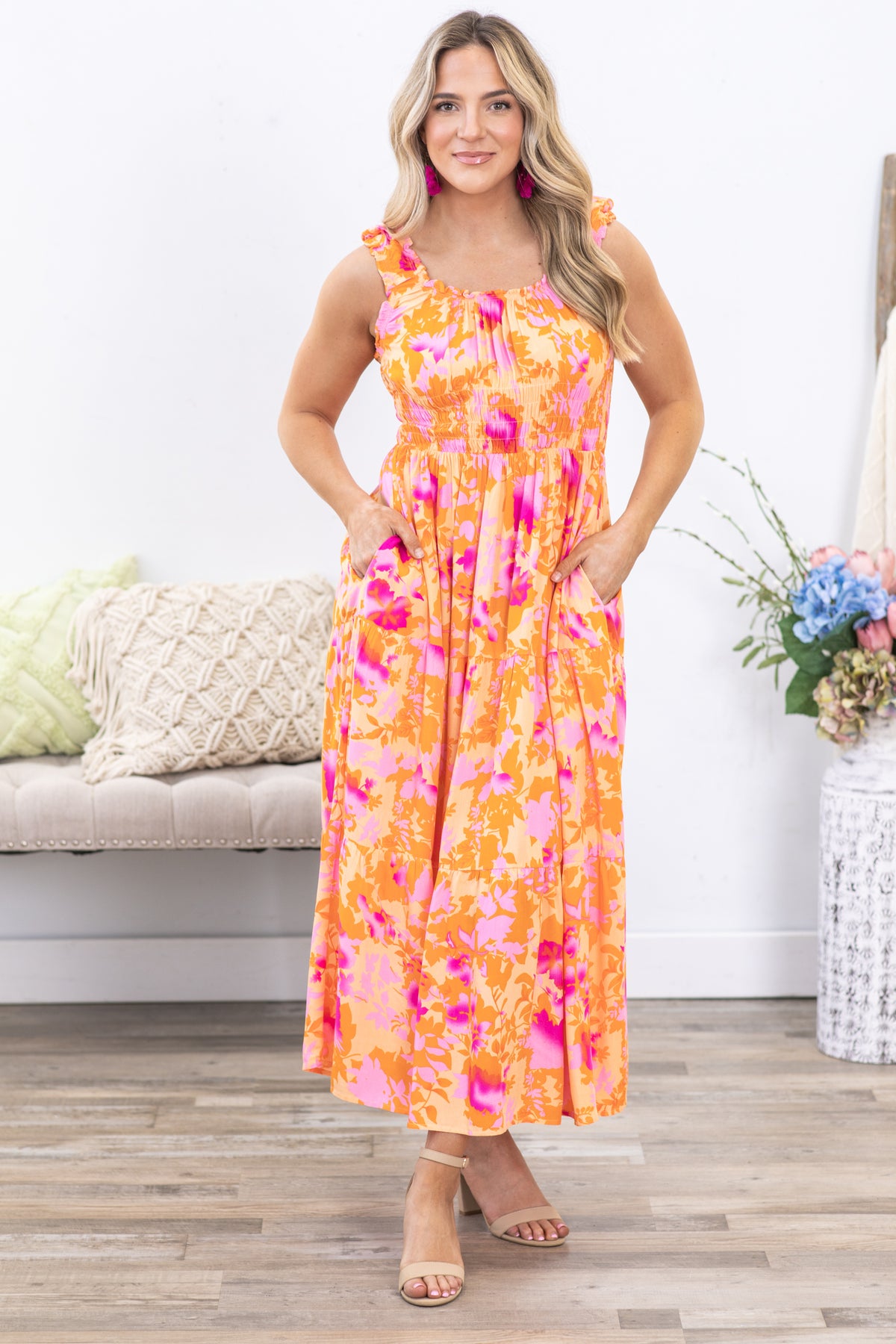 Orange and Pink Floral Sleeveless Dress