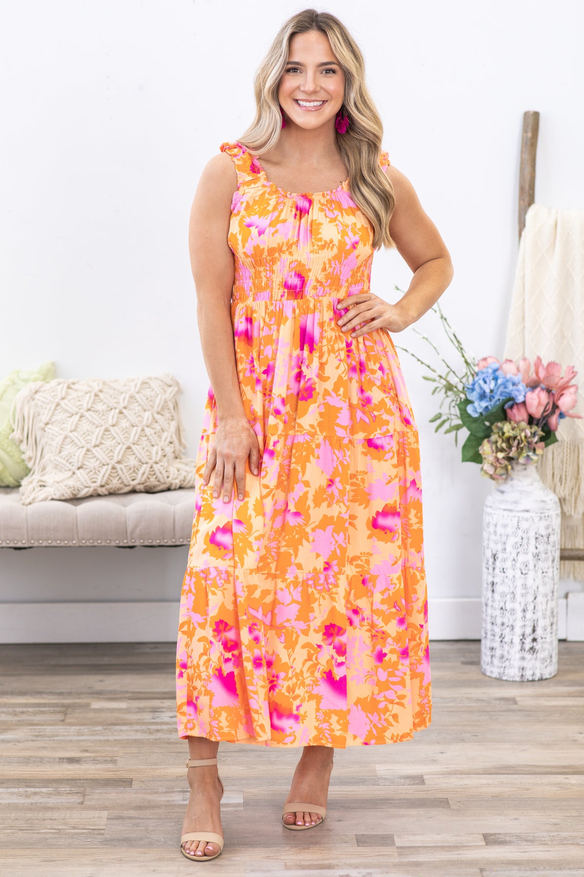 Orange and Pink Floral Sleeveless Dress