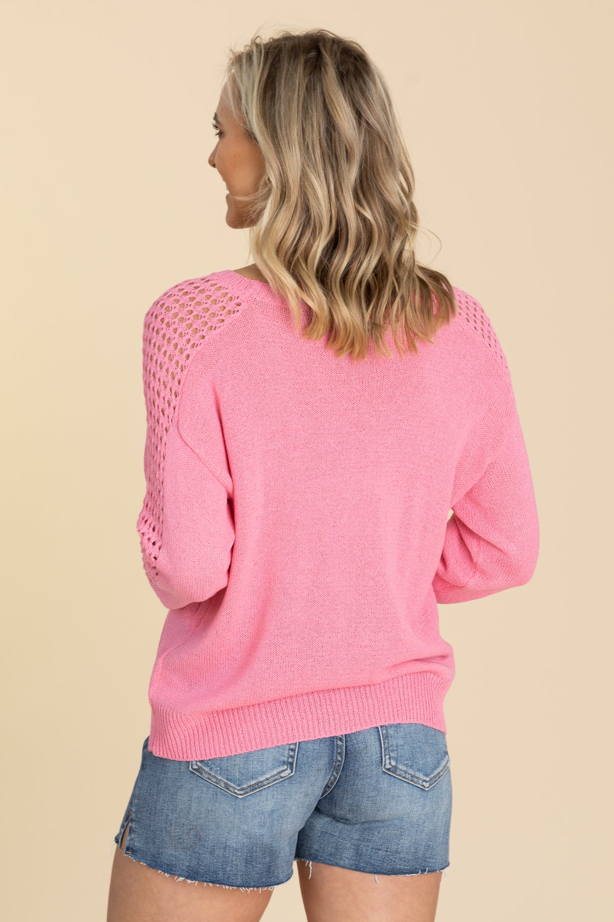 Pink Sweater With Crochet Sleeve Detail