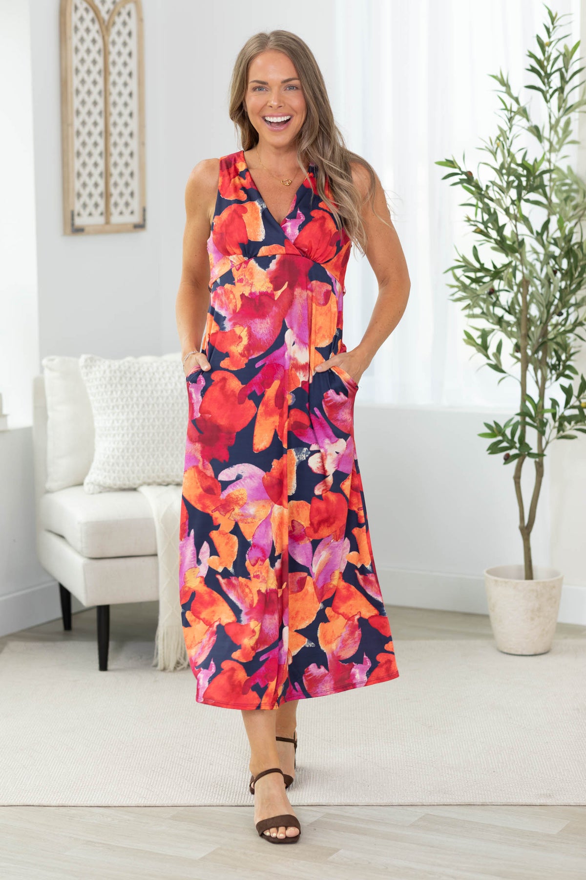 Navy Multicolor Floral V-Neck Midi Dress
