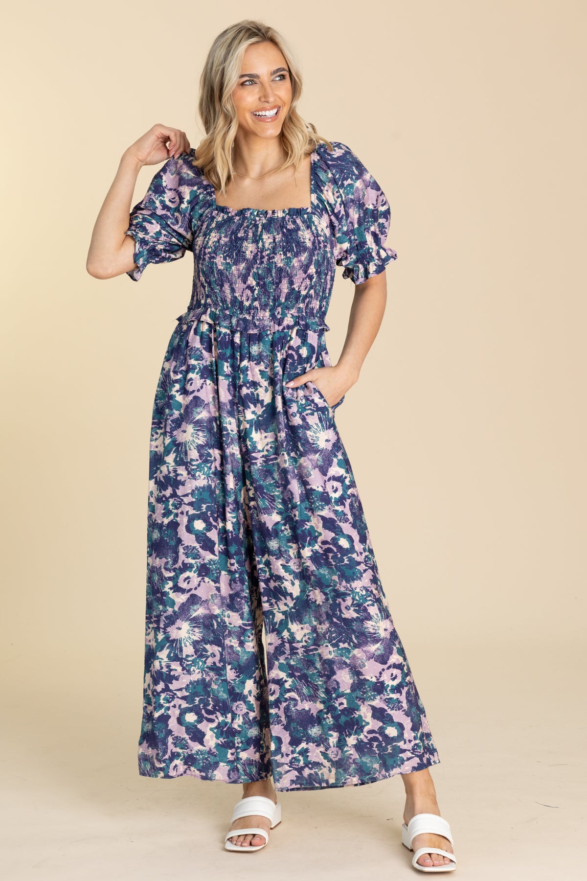 Navy With Print Smocked Body Jumpsuit