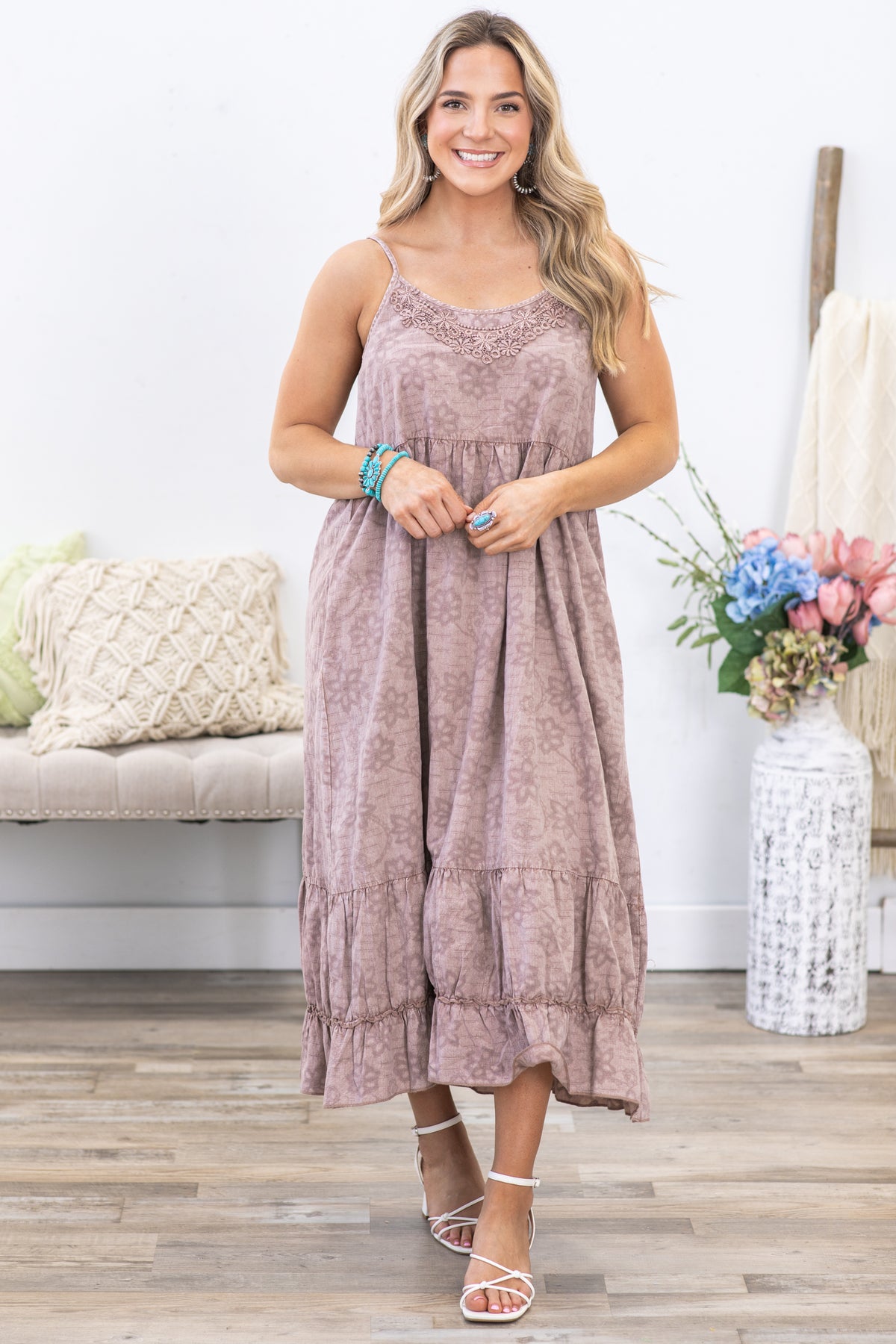 Mocha Textured Woven Mineral Wash Cami Dress