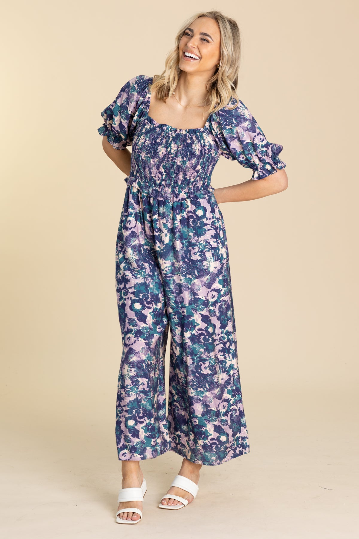 Navy With Print Smocked Body Jumpsuit