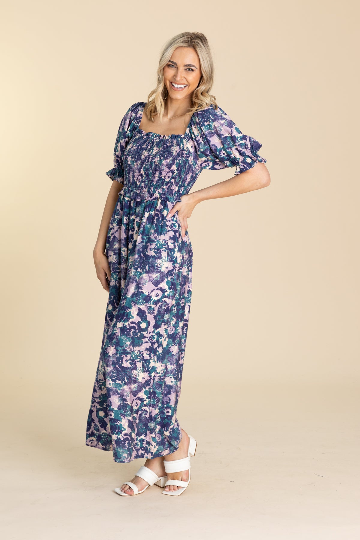 Navy With Print Smocked Body Jumpsuit