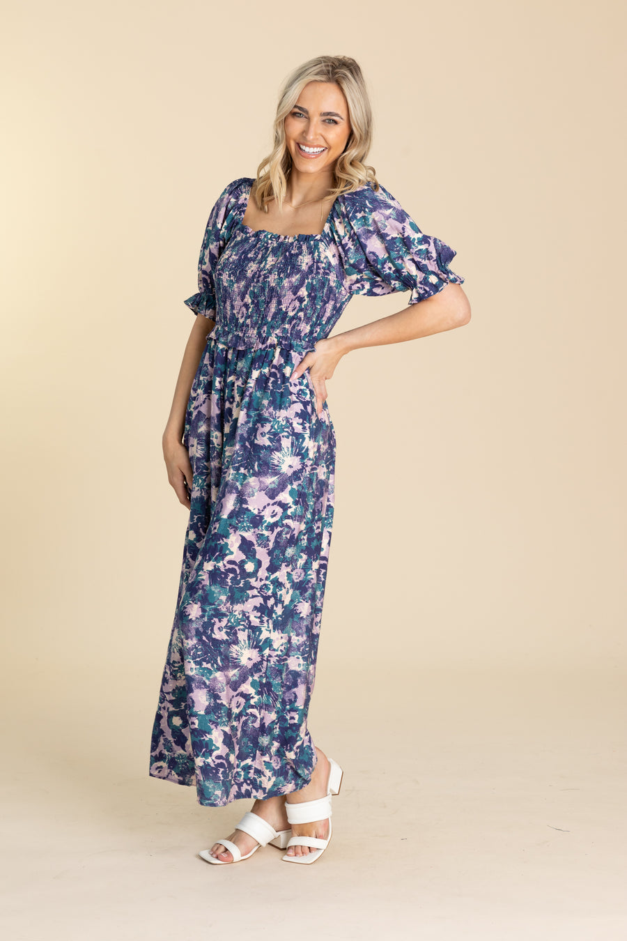 Navy With Print Smocked Body Jumpsuit