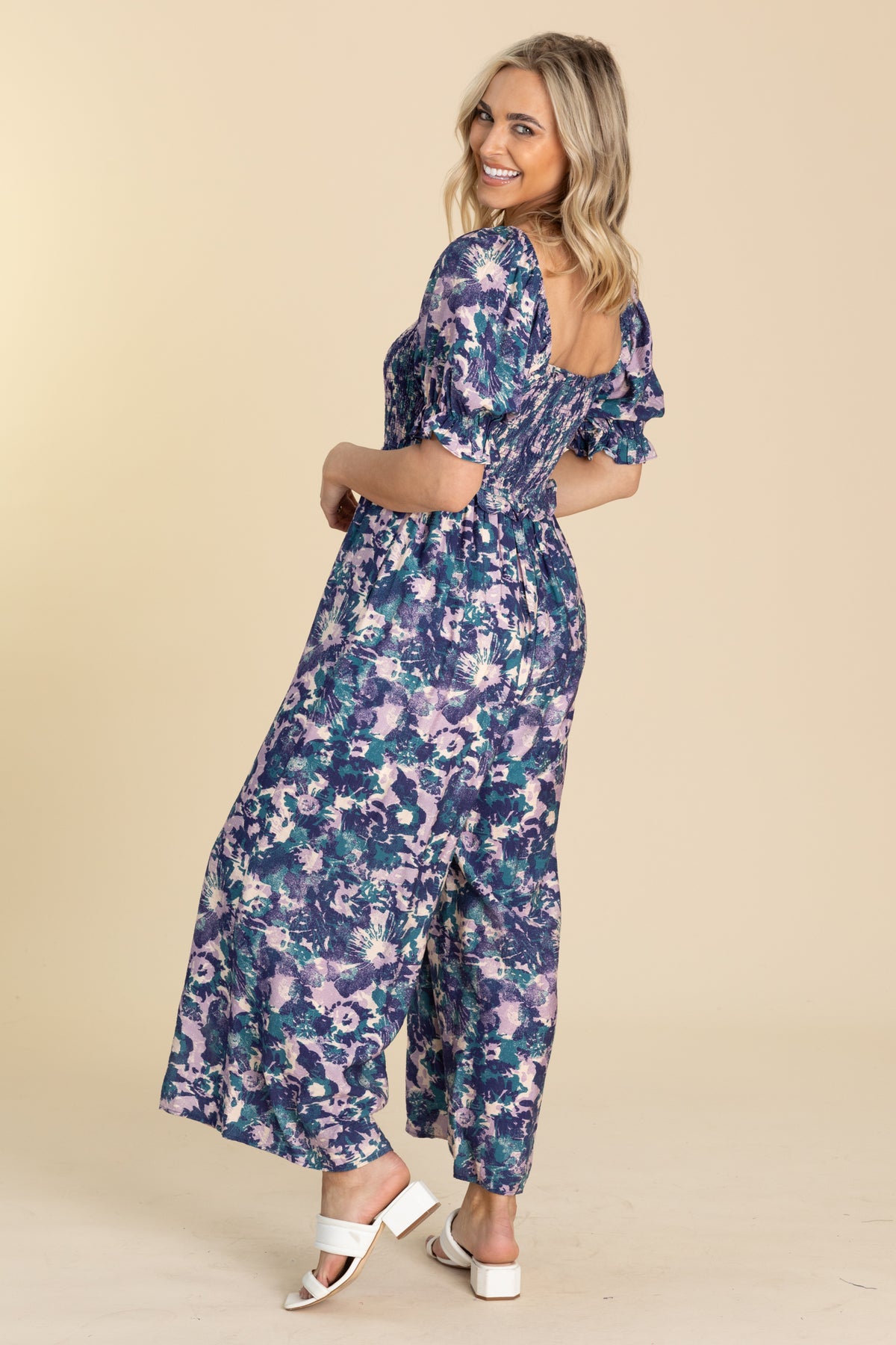 Navy With Print Smocked Body Jumpsuit