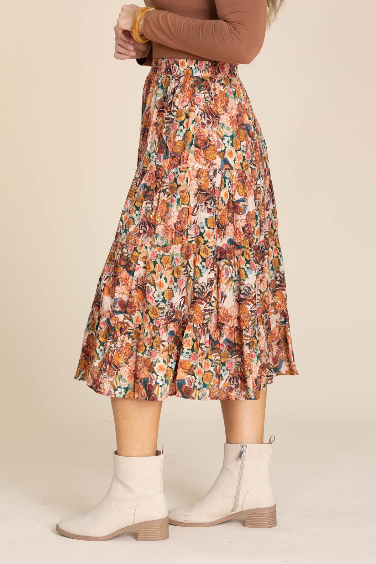 Taupe Bohemian Floral Elastic Tiered Skirt