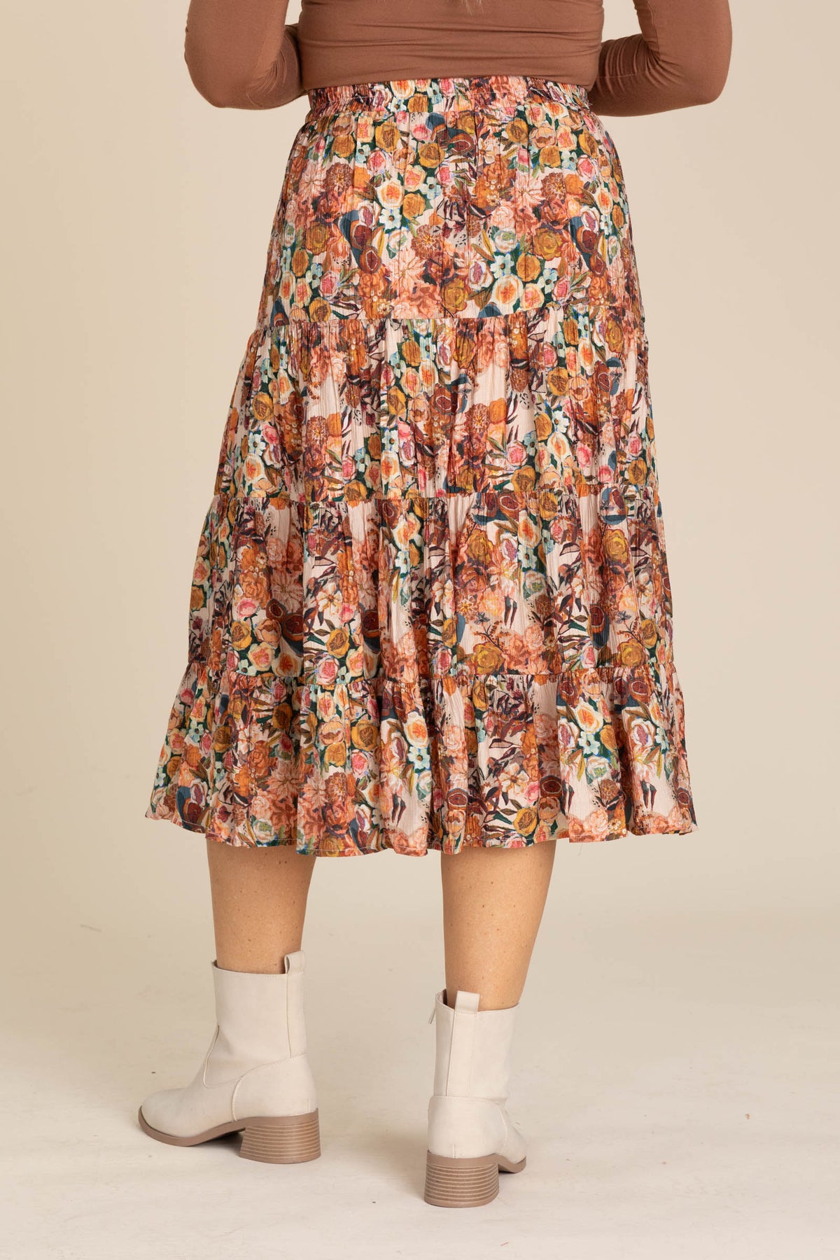 Taupe Bohemian Floral Elastic Tiered Skirt